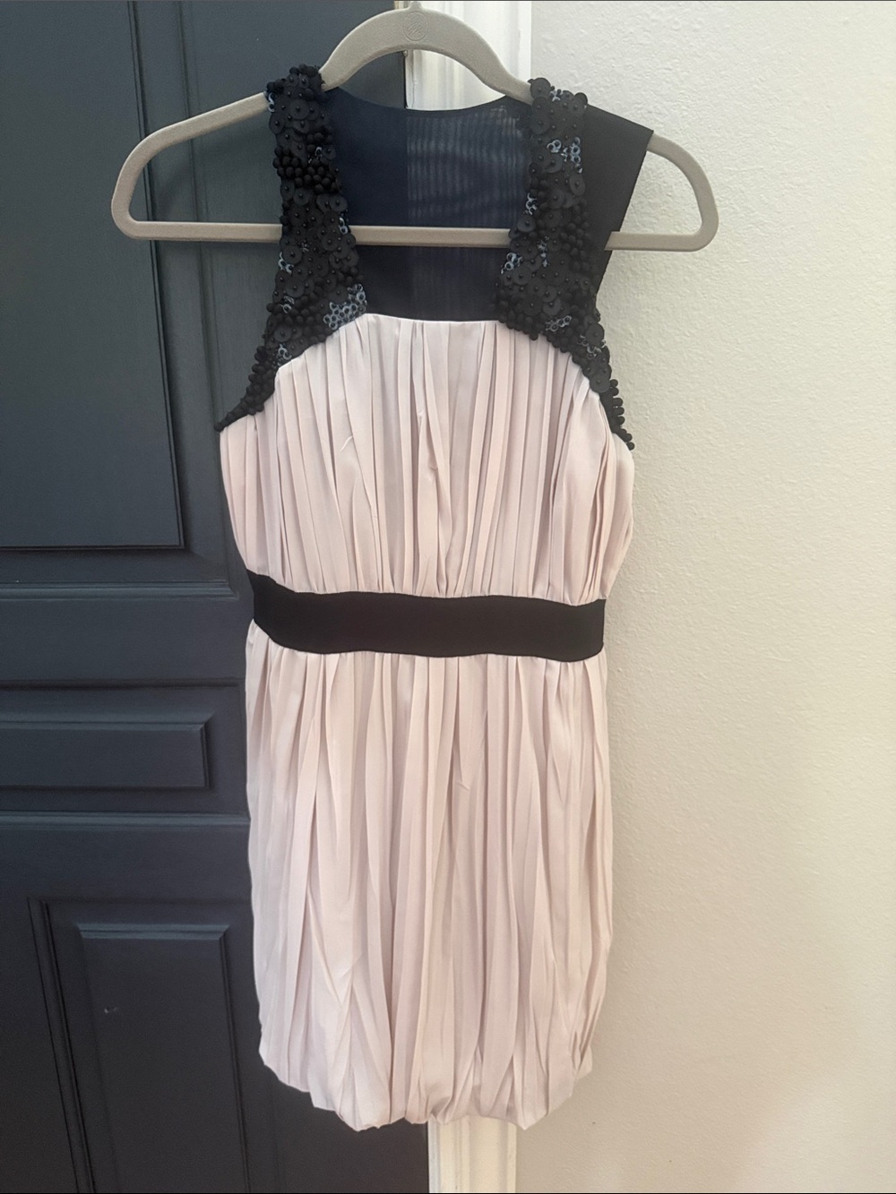 Robert Rodriguez Blush and Black Sequin-Trim Pleated Mini Dress